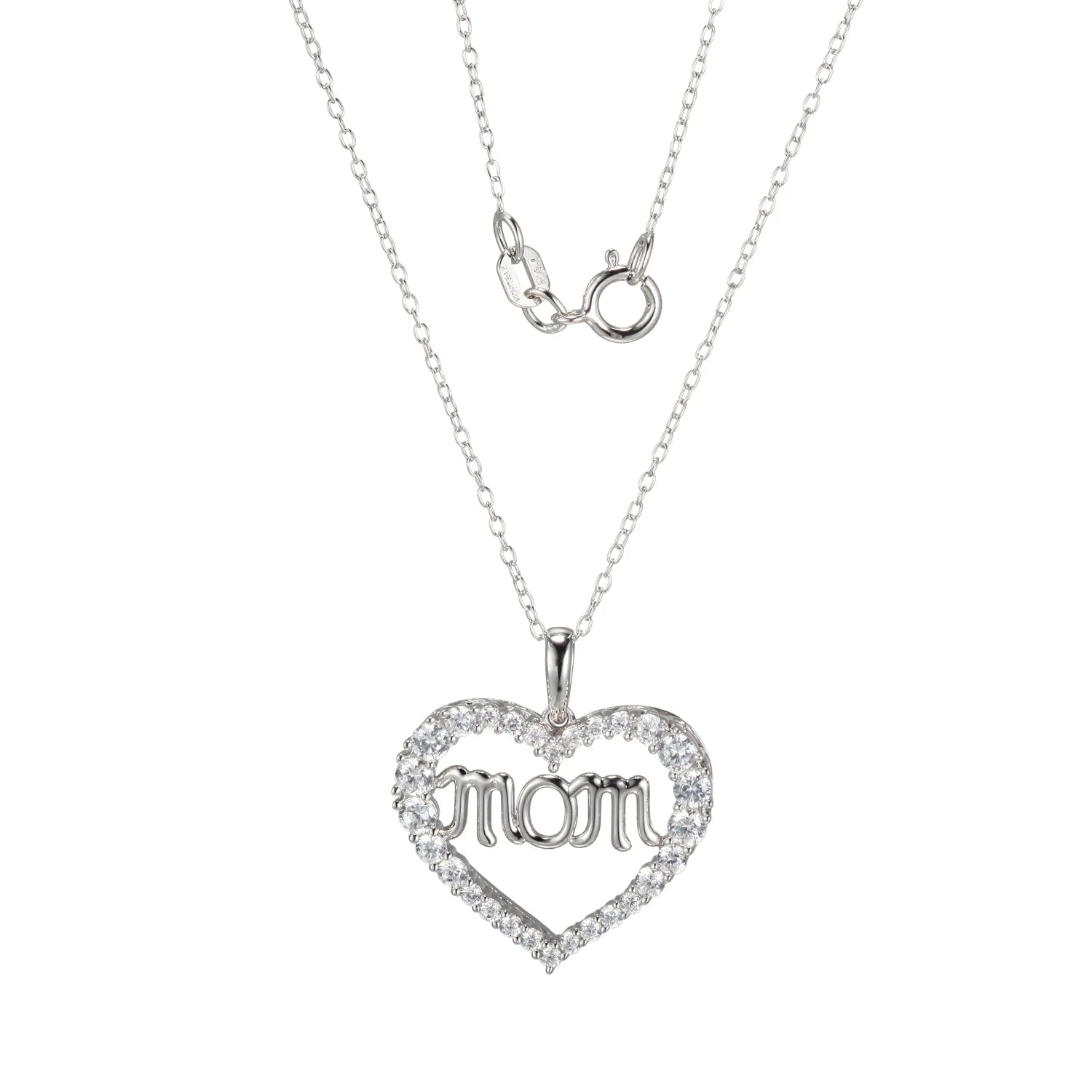 Mom Heart Cubic Zirconia 18" Pendant Necklace in Sterling Silver, Adult Female