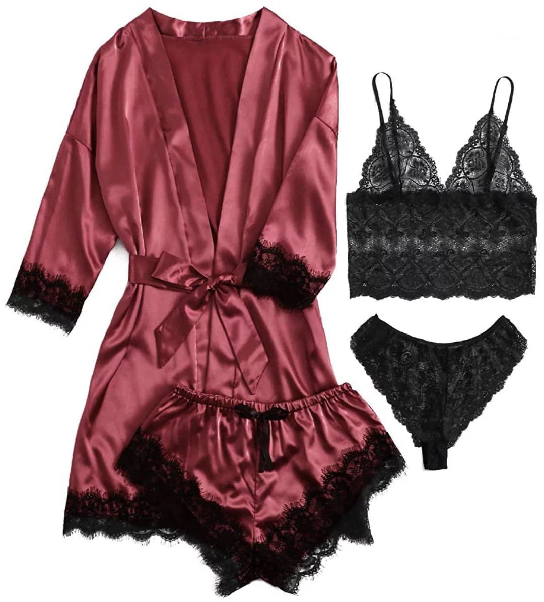 Sexy Lingerie,  Silk Satin Pajamas for Women, Womens Summer Pajamas Pjs Sets of 4 Pcs with Floral Lace Top Shorts and Robe, Gift for Women, Burgundy, XXL