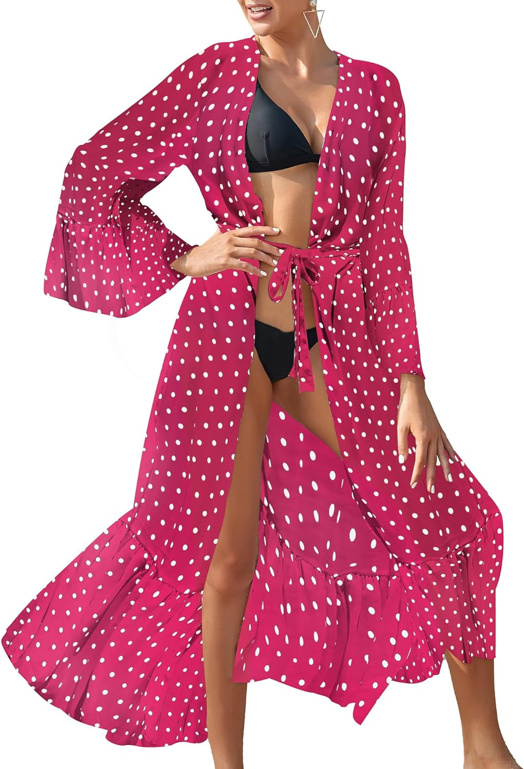 Women Chiffon Dot Print Beach Kimono Cardigan Long Bathing Suit Cover Up