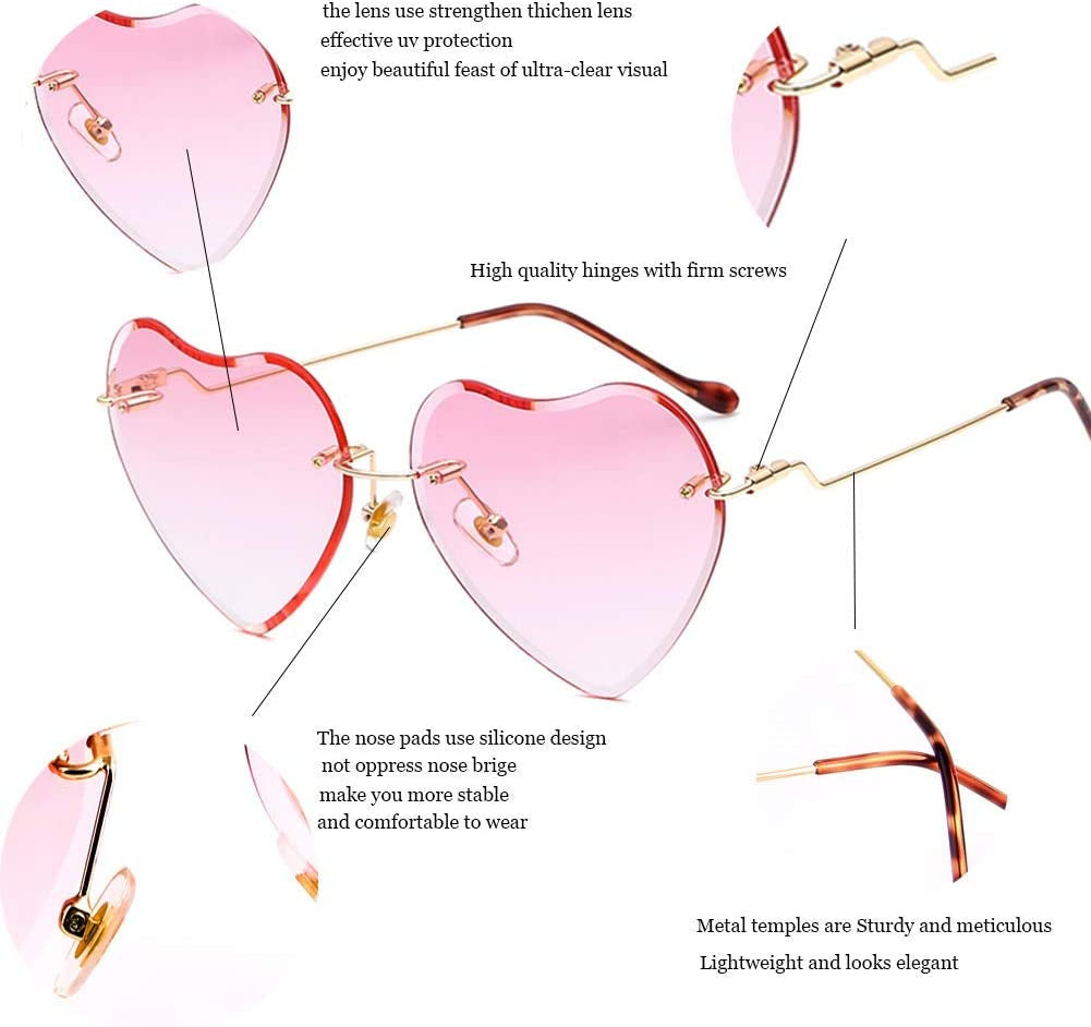 Heart Sunglasses for Women Rimless Thin Metal Frame Heart Shaped Sun Glasses UV400