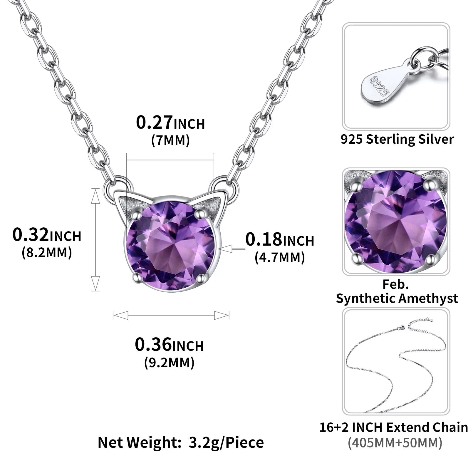 925 Sterling Silver Cat Necklace Girls Cute Cat Jewelry round Amethyst Pendant Necklace February Birthstone for Cat Lovers